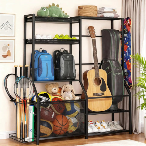 Garage Sports Gear Organizer With Golf Bag Storage Rack Heavy Duty Ball Organizer With Baskets Bat Holder shown with sports gear