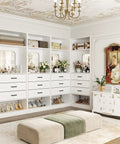 100 Inch White Freestanding Closet System With Smooth Glide Drawers And Full Length Mirrored Panel showcasing shoes, flowers, and skincare.