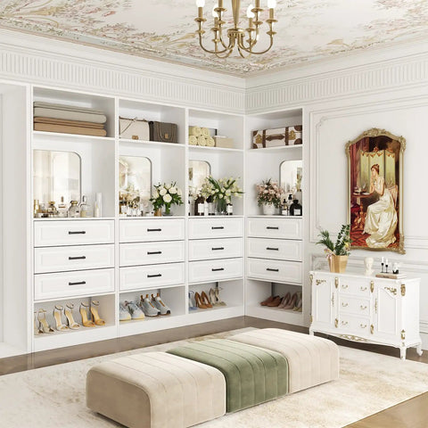100 Inch White Freestanding Closet System With Smooth Glide Drawers And Full Length Mirrored Panel showcasing shoes, flowers, and skincare.