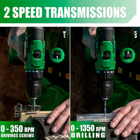 20V Cordless Drill Set with Battery and Charger, 350 In-Lb Torque, showing two-speed transmission for drilling and driving