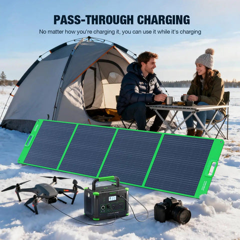 Couple camping with Go To Portable Power Station 1000W Continuous Power 2000W Peak 999Wh Solar Generator charging devices.