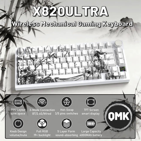 Slick Wireless Mechanical Gaming Keyboard With Roomy 75 Percent Tkl Build And Fresh Bamboo Top Plate showcasing hot swap feature and sleek design.