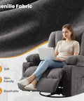 Woman sitting on Relax In A 360 Swivel Rocker Recliner With Massage And Heat, oversized cozy sofa chair in gray chenille fabric