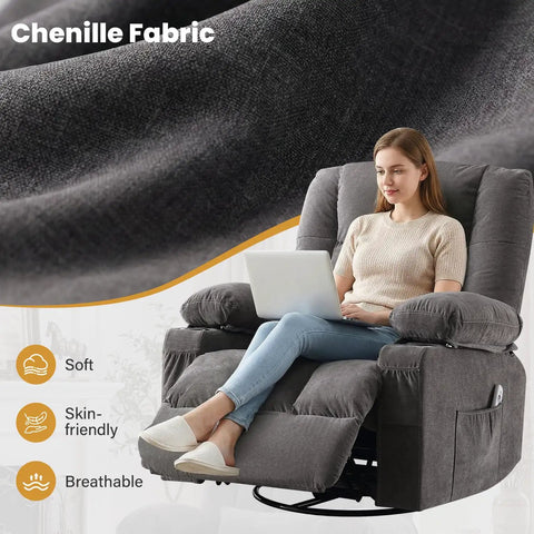 Woman sitting on Relax In A 360 Swivel Rocker Recliner With Massage And Heat, oversized cozy sofa chair in gray chenille fabric