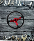 Universal 14 Inch PU Racing Steering Wheel With Horn Button Red Drift Wheel, displayed with tools on wooden background.