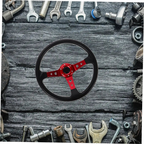 Universal 14 Inch PU Racing Steering Wheel With Horn Button Red Drift Wheel, displayed with tools on wooden background.