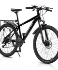 Black Kids 24 Inch Mountain Bike With Front Suspension, 21 Speed Drivetrain, Dual Disc Brakes, Rear Rack, Carbon Steel Frame, All Terrain