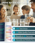 Family enjoying safe drinking water with Twenty In One Drinking Water Test Strips Fast Home Analysis For Ph Hardness Lead Iron Copper Chlorine And Bacteria.