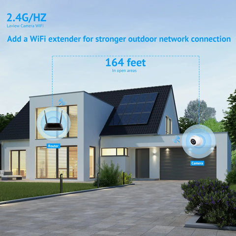 Modern house exterior with labeled 4MP 2K Outdoor Indoor Wired Security Camera With IP65 Weatherproof positioned above the garage