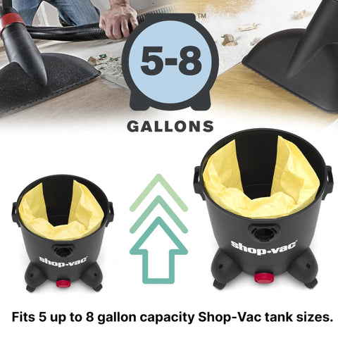 High Efficiency Disposable Vacuum Filter Bags For 5 To 8 Gallon Wet Dry Vacuums inside black Shop-Vac tank with yellow bag.