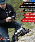 Man operating RC car on rocks with RC10 SC6.1 Sealed Bearing Kit From FastEddy Bearings. Text: High-Quality, Budget-Friendly Bearing Kits.