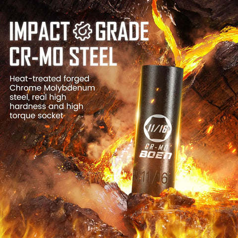 119 Piece Impact Socket Set With One Half Inch And Three Eighth Inch Drives Deep And Shallow SAE And Metric 6 Point Sockets Cr Mo And S2 Heat Treated For Real Torque Built Tough Durable For Heavy Duty Jobs Includes Impact Bits And Allen Sockets shown with heat-treated Cr-Mo steel socket