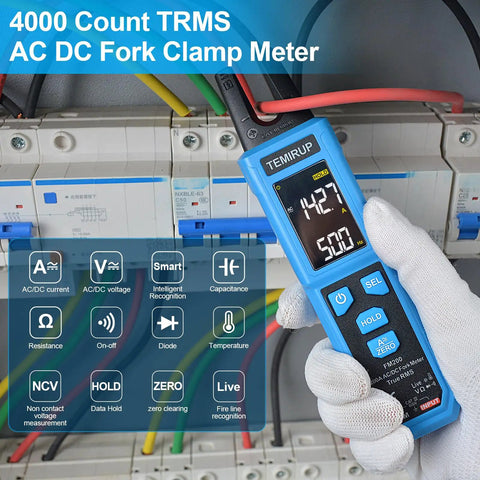Digital Clamp Meter With U Shaped Jaw For AC And DC Current And Voltage Auto Range 4000 Counts in use measuring wires