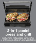 Proctor Silex Panini Press Sandwich Maker With Nonstick Plates For Grilling Burgers Chicken And Veggies Easy Clean Electric Indoor Grill Machine showing two toasted sandwiches.