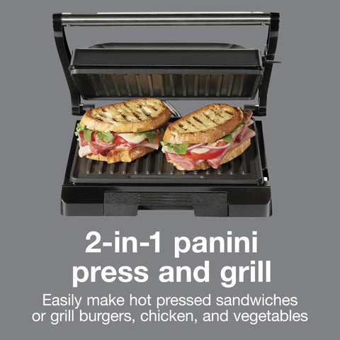 Proctor Silex Panini Press Sandwich Maker With Nonstick Plates For Grilling Burgers Chicken And Veggies Easy Clean Electric Indoor Grill Machine showing two toasted sandwiches.