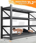 Heavy Duty 4 Tier Garage Shelving Unit, 71 Inch Wide Steel Storage Rack with man demonstrating strength, 5000 Lb Capacity