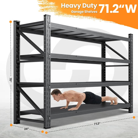 Heavy Duty 4 Tier Garage Shelving Unit, 71 Inch Wide Steel Storage Rack with man demonstrating strength, 5000 Lb Capacity