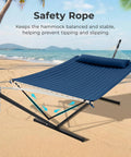12Ft Double Hammock With Stand For Two People Rope Or Padded Bed Detachable Pillow Portable Anti Tip Ropes Carry Bag Outdoor Backyard Patio Camping In Navy Blue Chill For Real Relaxation And Easy Setup on a beach with safety rope.