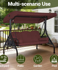 Three Seat Outdoor Porch Swing With Adjustable Canopy And Convertible Bed Two In One Patio Glider For Adults Burgundy Red