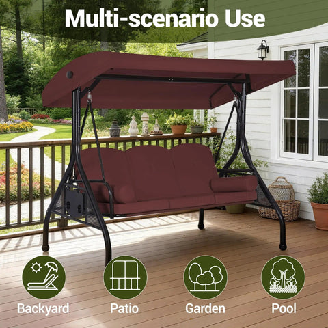 Three Seat Outdoor Porch Swing With Adjustable Canopy And Convertible Bed Two In One Patio Glider For Adults Burgundy Red
