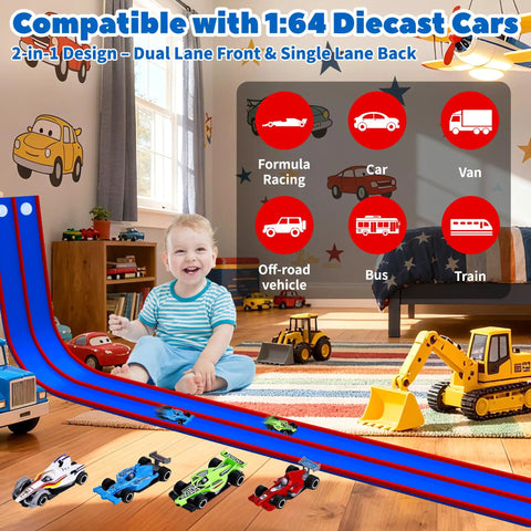 Child playing with 15 Ft Bendable Race Car Track Set For Kids Roll Up Layout With Strong Suction Cups Compatible With One Sixty Fourth Diecast Cars