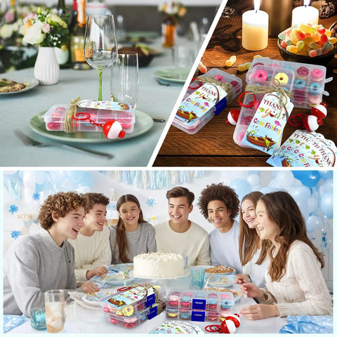 18 Piece Mini Fishing Tackle Box Party Favors Set Colorful Candy Stash Boxes For Birthday Parties displayed on a party table
