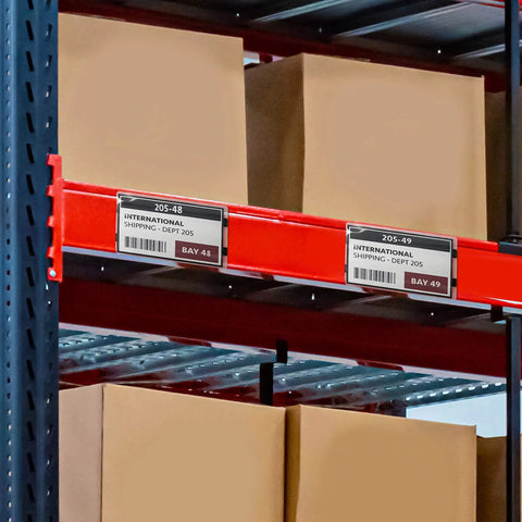 Heavy Duty Magnetic Pallet Rack Sign Holder, 25 Pack Vinyl Label Sleeve With Side Opening, Warehouse Shelf Card Pocket, clear labels on storage rack.