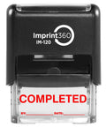Heavy Duty Self Inking Rubber Stamp For Completed By And Date Lines Red Commercial Grade Quick Dry office stamp with vibrant red markings.