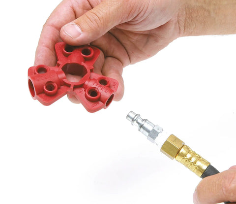 Quick Disconnect Pneumatic Lockout System for Lockout Tagout shown in hand with fitting ready for attachment.