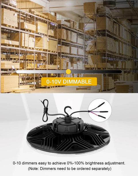 UFO LED High Bay Light With Adjustable Wattage 80W 100W 150W, ceiling-mounted in warehouse setting, 0-10V dimmable feature