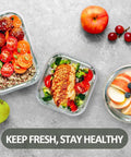 Glass Food Storage Set With 24 Pieces And Upgraded Snap Lock Lids For Meal Prep, Airtight Containers scattered with food