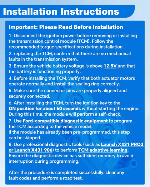 Ford Focus 2.0L DPS6 TCM Transmission Control Module Pre-Programmed Plug And Play Replacement Unit 2011-2022 Easy Install Fixes Hard Shifting Delayed Engagement A2C53377498 AE8Z-7Z369-F installation instructions
