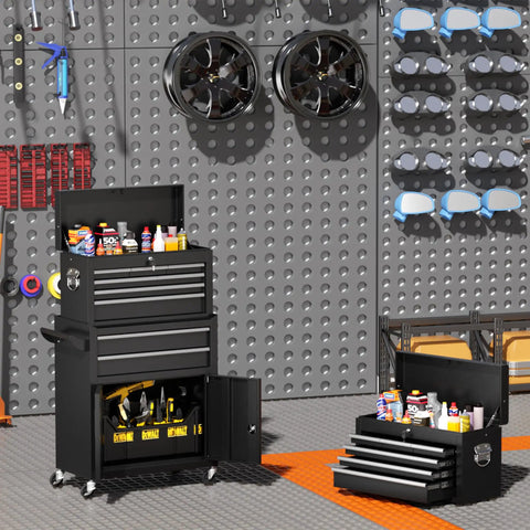 Heavy Duty Rolling Tool Chest With Eight Smooth Glide Drawers, Detachable Top Box And Bottom Cart, Hella Sturdy Steel Frame With Rubber Liners And Hook Racks, Secure Locking, Pro Gear For Garage Or Shop Work In Matte Black