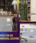 Screwless Decorator Wall Plates Two Gang White Gloss Finish installed in library, cafe, and office settings showcasing versatility.