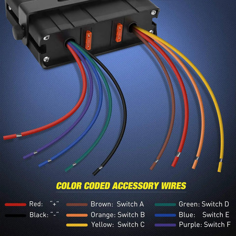 Color-coded wiring for Beefy 6 Gang Rocker Switch Box Panel For Automotive And Boats 12V 24V SPST Toggle Switches 20A Each