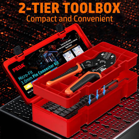 2-tier toolbox with Ratcheting Micro-Fit 3.0 Crimping Tool Kit, 2-10 pin set, showcased in compact red case for PC and 3D printer builds.