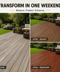 Real Deal Clear Wood Sealer And Tough Water Based Hardwax Oil That Soaks Deep Into Raw Timber To Deliver Bulletproof Weather Shielding With Zero Flake Mess In One Quart - before and after deck transformation in walnut and mahogany finishes.