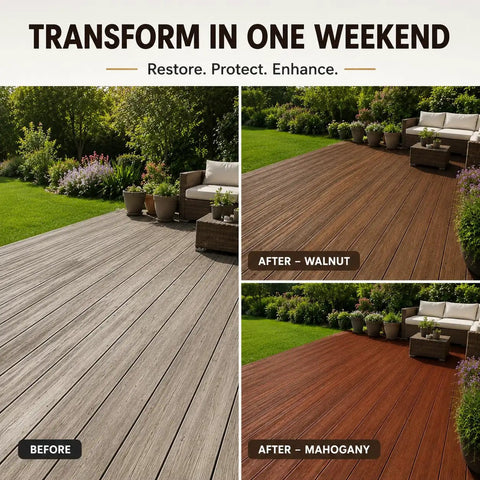 Real Deal Clear Wood Sealer And Tough Water Based Hardwax Oil That Soaks Deep Into Raw Timber To Deliver Bulletproof Weather Shielding With Zero Flake Mess In One Quart - before and after deck transformation in walnut and mahogany finishes.