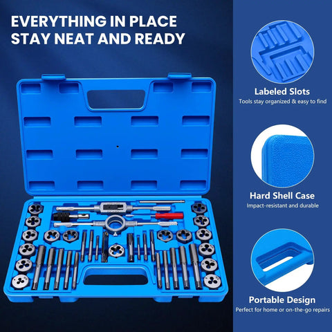 Open blue case revealing 80 Piece Pro Grade Tap And Die Set With Metric And SAE Threading Tools For Internal And External Threads Includes Wrenches Die Stock Thread Gauge Screwdriver And Carry Case For Automotive DIY And Metal Repair.