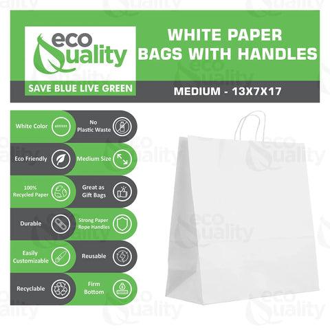 Large White Kraft Paper Bags With Handles 13x7x17 Inches 200 Count Durable Reusable Shopping Gift Bags Go To Party Retail Merchandise Lunch And Grocery Use Eco Friendly Packaging