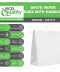 Large White Kraft Paper Bags With Handles 13 By 7 By 17 Inches For Shopping Gifts Party Retail Merchandise Lunch And Grocery