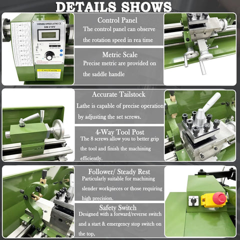 EQCOTWEA double-chuck metal lathe on a green benchtop with 8x30, MT3 spindle, grating ruler, control panel