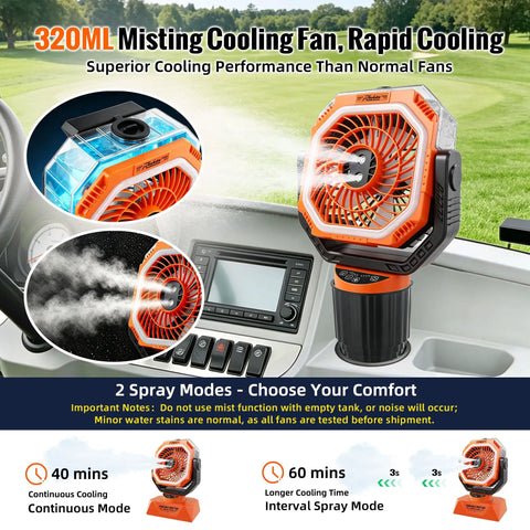48Hrs Golf Cart Misting Fan 2 In 1 Large Golf Cart And Camping Fan with Cup Holder, showing spray modes in vehicle cup holder
