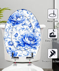 Elongated Blue Peony Floral Chinoiserie Elegant Porcelain Toilet Seat on a modern bathroom toilet with metal link fittings.