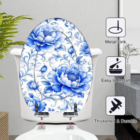 Elongated Blue Peony Floral Chinoiserie Elegant Porcelain Toilet Seat on a modern bathroom toilet with metal link fittings.