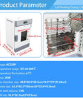 Horizontal Electric Blast Drying Oven Built Tough As Nails For Daily Lab Heating Featuring Rust Resistant Finish Coat And Spotless Stainless Chamber Premium Quality Construction Guaranteed showing dimensions and features.