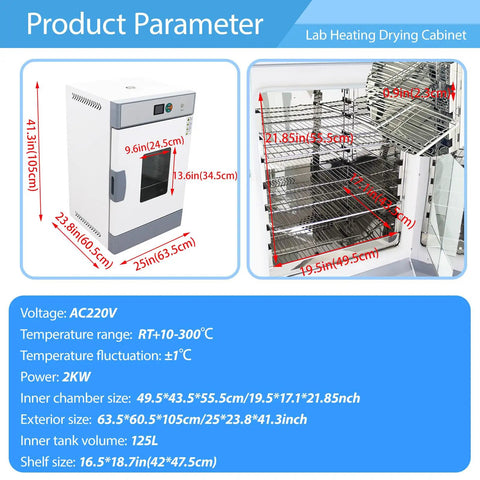 Horizontal Electric Blast Drying Oven Built Tough As Nails For Daily Lab Heating Featuring Rust Resistant Finish Coat And Spotless Stainless Chamber Premium Quality Construction Guaranteed showing dimensions and features.