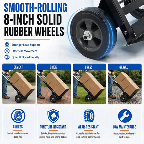 Heavy Duty Folding Hand Truck Dolly With 8 Inch Puncture Resistant Tires 650 To 800 Lb Capacity on various surfaces