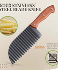 Angled side view of wooden-handle crinkle cutter with stainless blade for potatoes and vegetables.