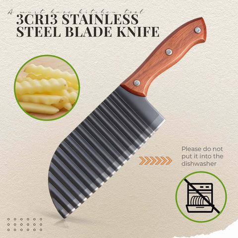 Angled side view of wooden-handle crinkle cutter with stainless blade for potatoes and vegetables.